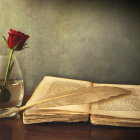 Dark Red Rose in Water Glass Beside Gold-Embossed Book and Spectacles