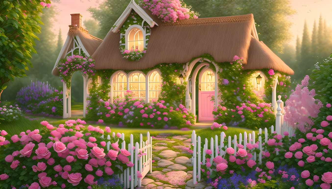 Thatched Roof Cottage Surrounded by Pink Flowers at Sunset