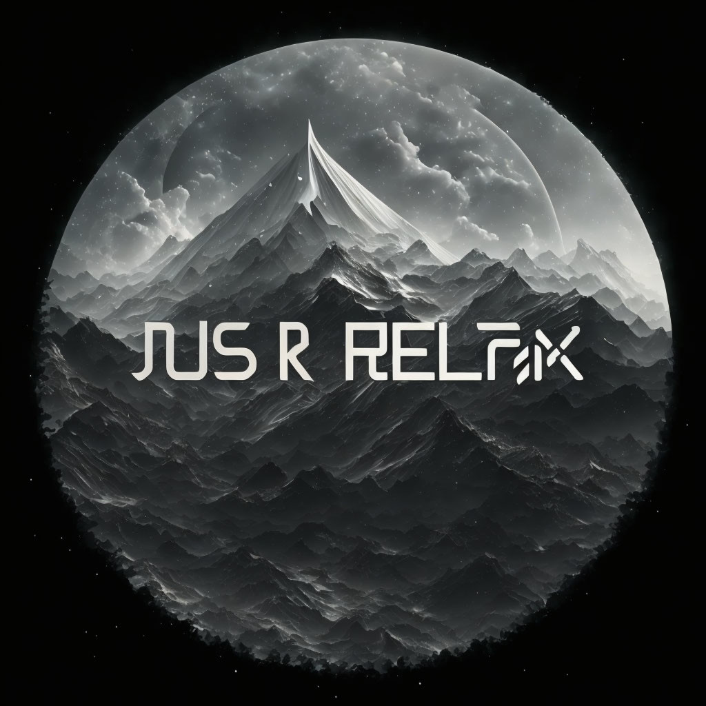 Monochromatic circular frame with mountain landscape and "JUST RELAX" text