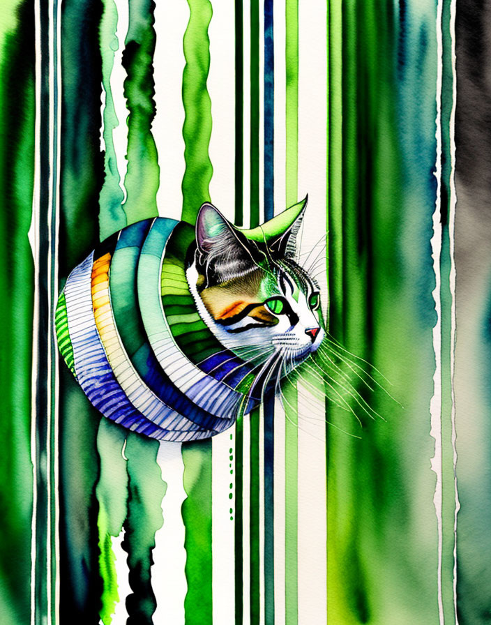 Colorful Striped Cat Illustration on Green and Black Watercolor Background