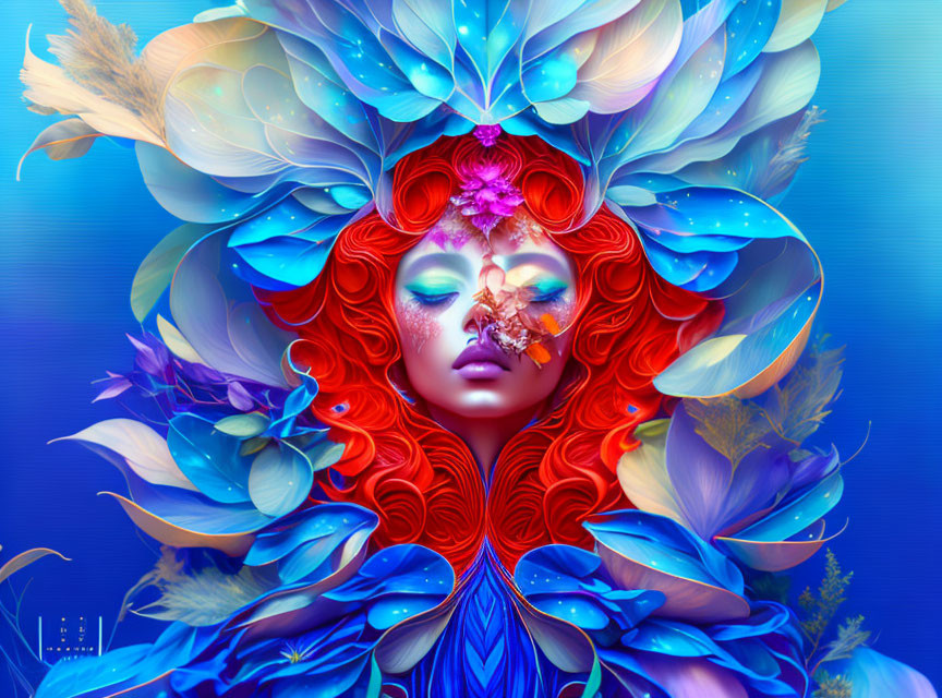 Digital artwork: Woman with red hair and blue floral embellishments