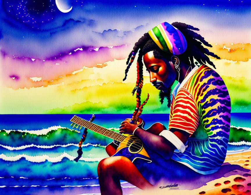 Person with dreadlocks playing guitar by the seashore at sunset with colorful sky and crescent moon