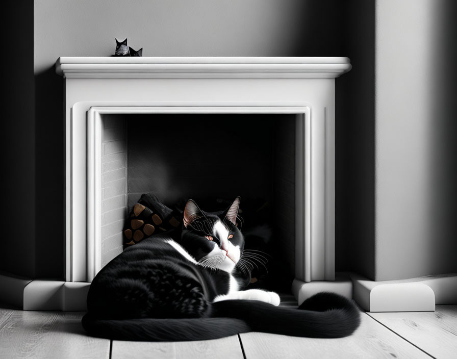 Black and white cat relaxing by fireplace in monochrome room