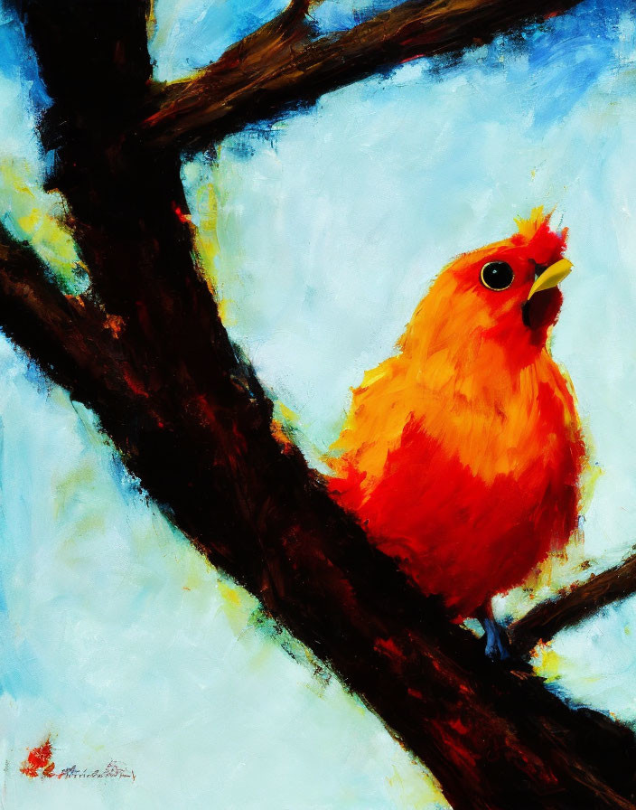 Colorful Painting: Bright Orange Bird on Dark Branch with Blue Sky