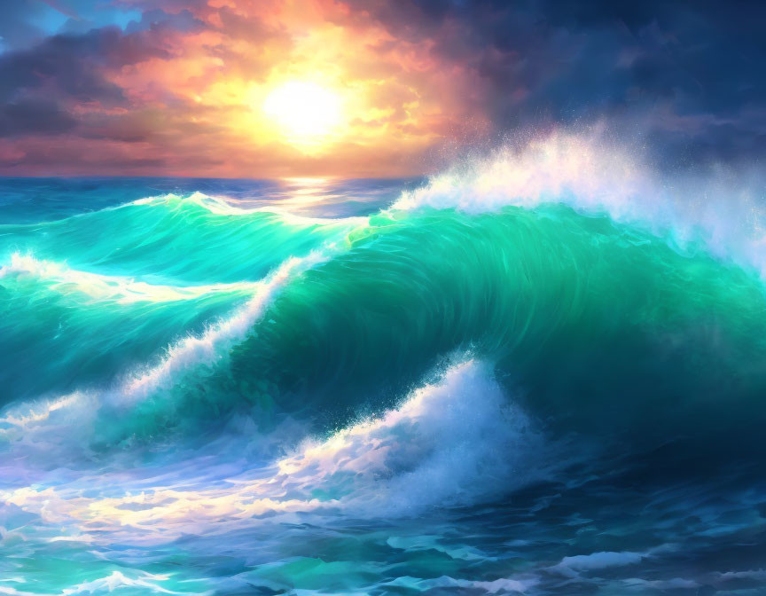 Colorful digital artwork: Large ocean wave under sunset sky