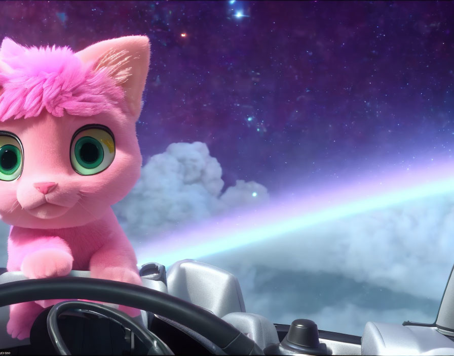 Pink animated cat in cosmic vehicle with green eyes and stars