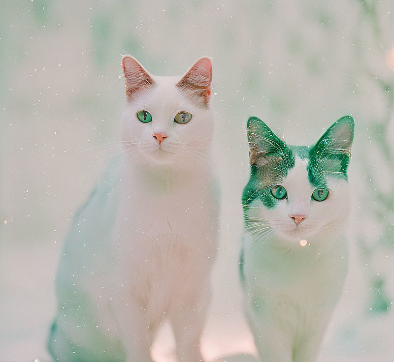 Two White Cats with Green Eyes Sitting Together in Snowy Background