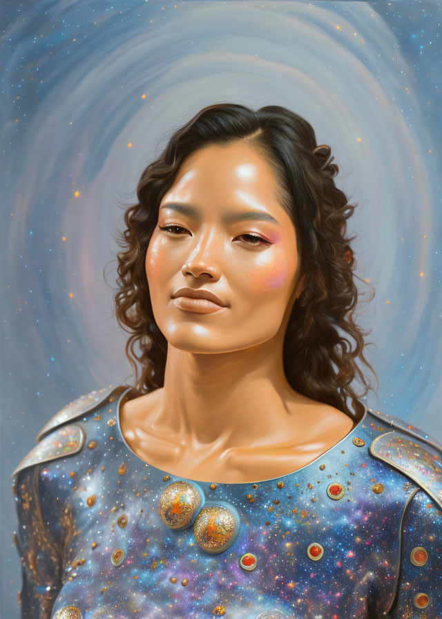 Serene woman in cosmic outfit against galaxy backdrop