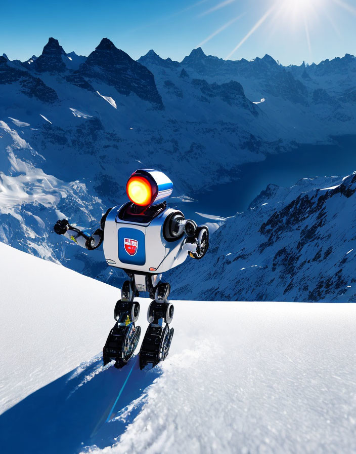 Futuristic robot on skis with light in snowy mountain landscape