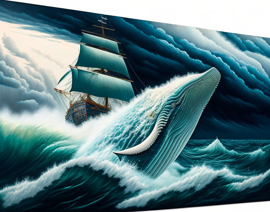 Sailing ship and whale in turbulent seas with stormy clouds