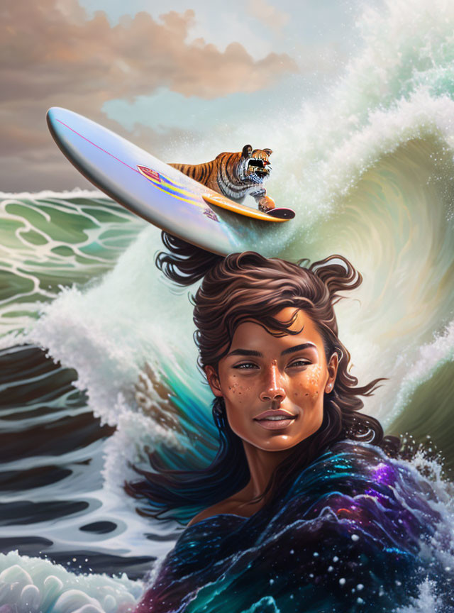 Woman in water with surfing tiger on wave illustration