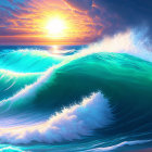 Colorful digital artwork: Large ocean wave under sunset sky