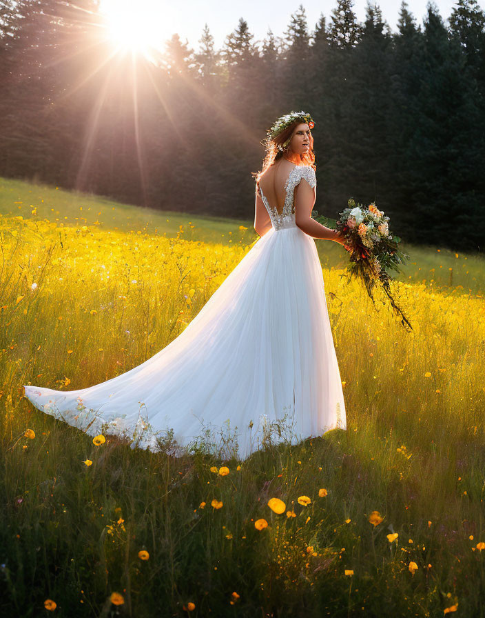 Bride in white gown with floral headpiece in sunlit meadow full of yellow flowers