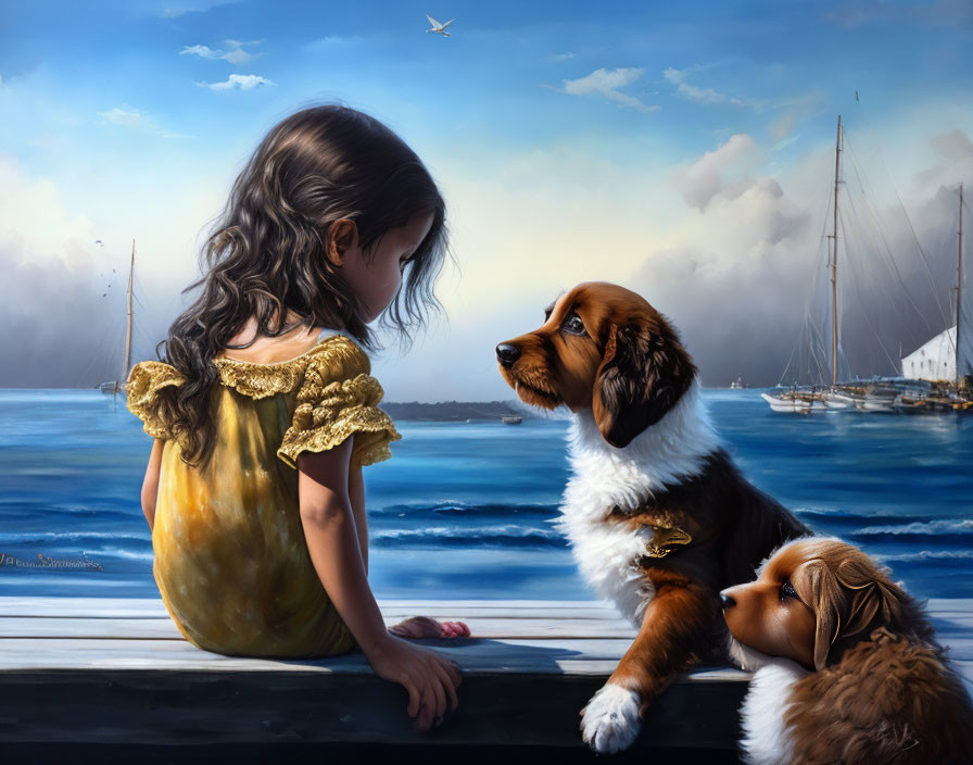 Young girl in yellow dress with puppies on dock by ocean and sailboats