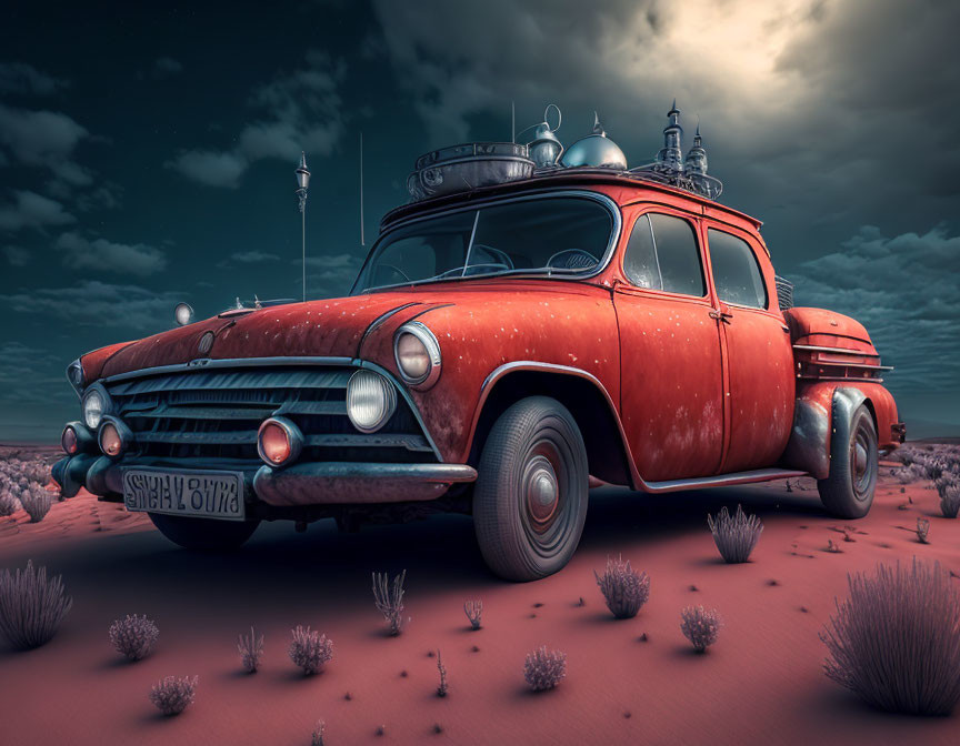 Classic Vintage Red Car with Roof Rack in Desert Landscape