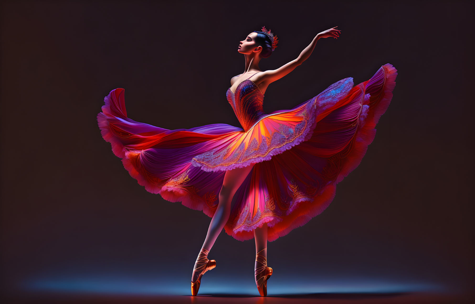 Vibrant orange and purple ballet dancer in mid-twirl pose