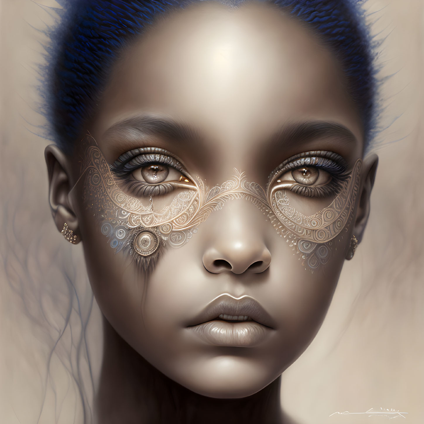 Intricate gold patterns on girl's eyes, blue hair, serene expression