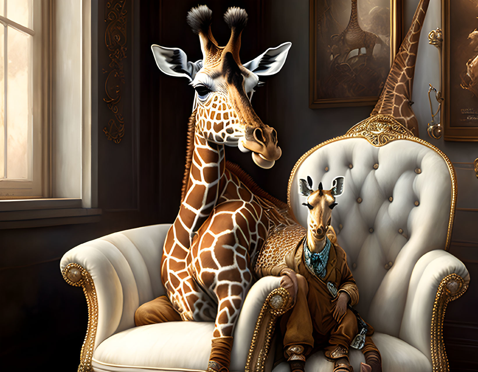 Anthropomorphic giraffes in ornate chair with clothes and glasses