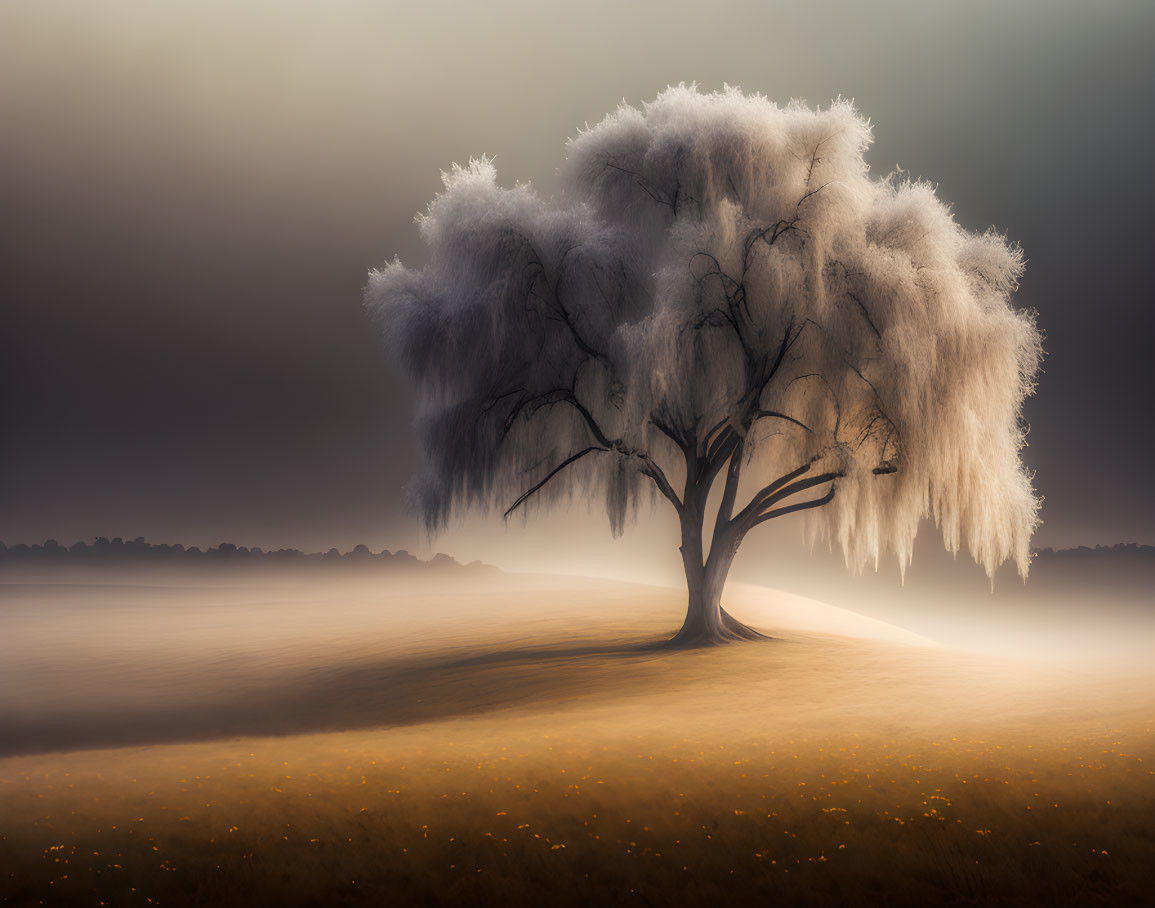 Serene foggy landscape with solitary white tree