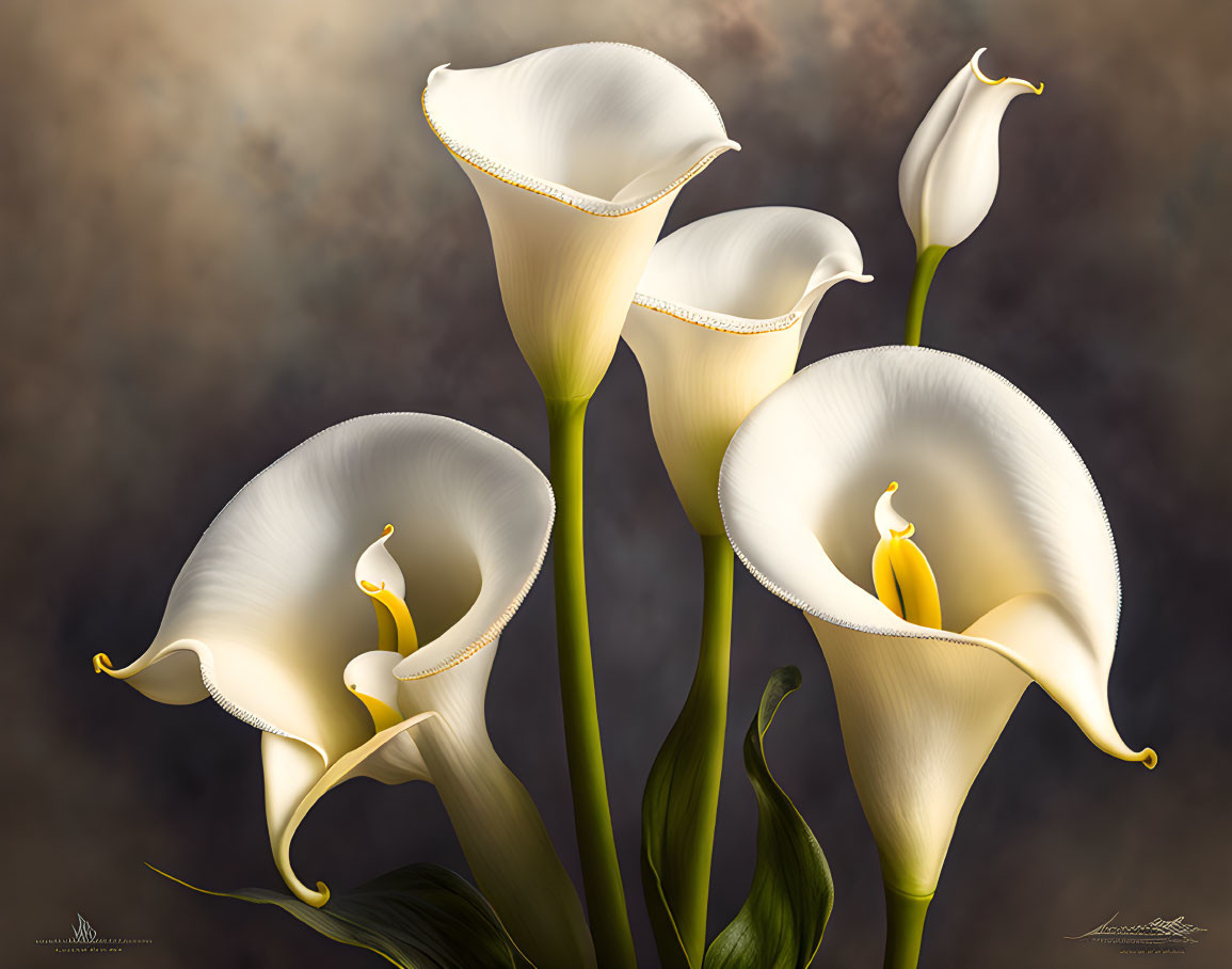 Detailed illustration of five white calla lilies with yellow spadices on blurred brown background