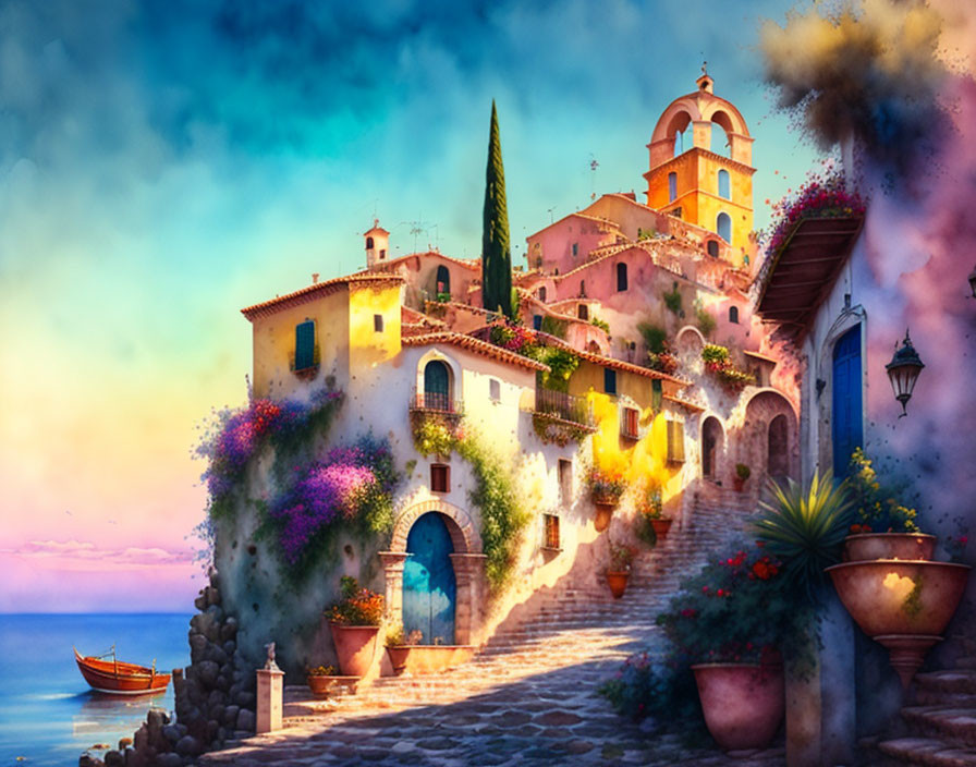 Vibrant coastal village scene with colorful buildings and boat by the water