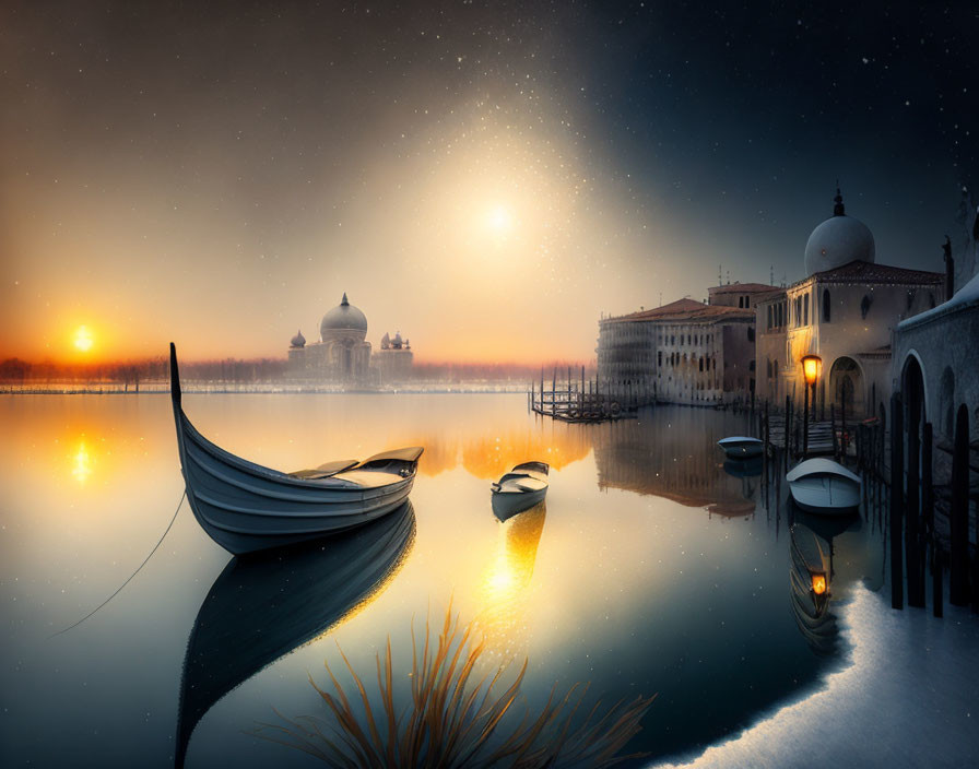 Venice dusk scene: Gondolas, historic buildings, starry sky, calm lagoon.