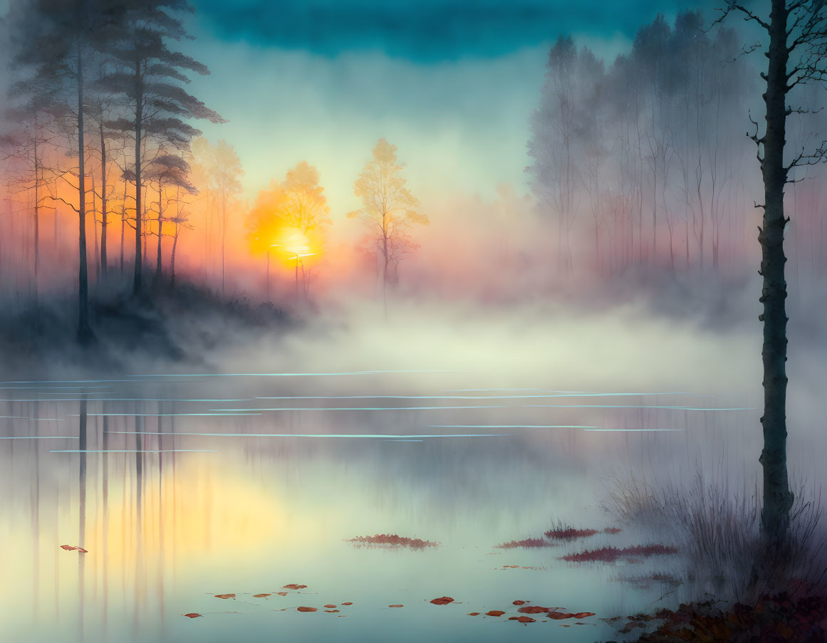 Misty lakeside dawn with sunlit trees reflecting on calm waters