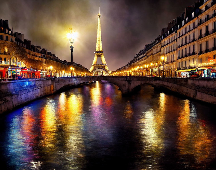 Iconic Eiffel Tower Night View from Parisian Bridge