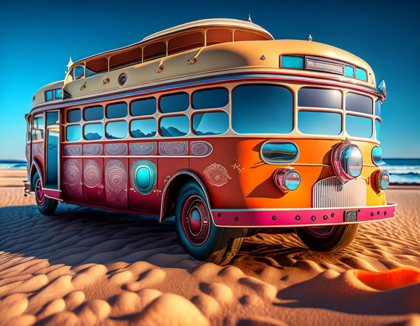 Vintage bus with psychedelic patterns on sandy beach under clear blue sky