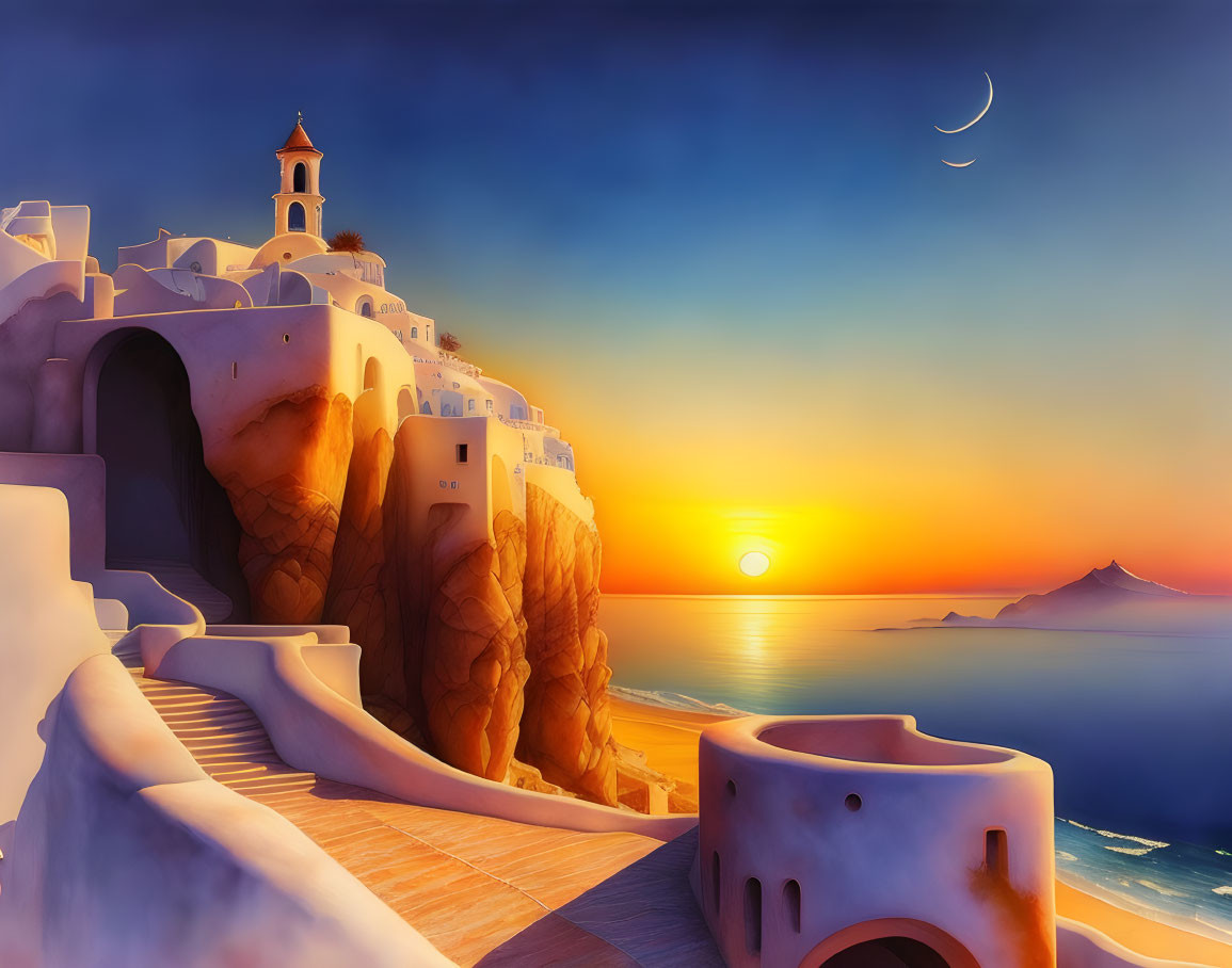 Digital artwork: Cliffside town at sunset with stairs, buildings, and rocky terrain under twilight sky