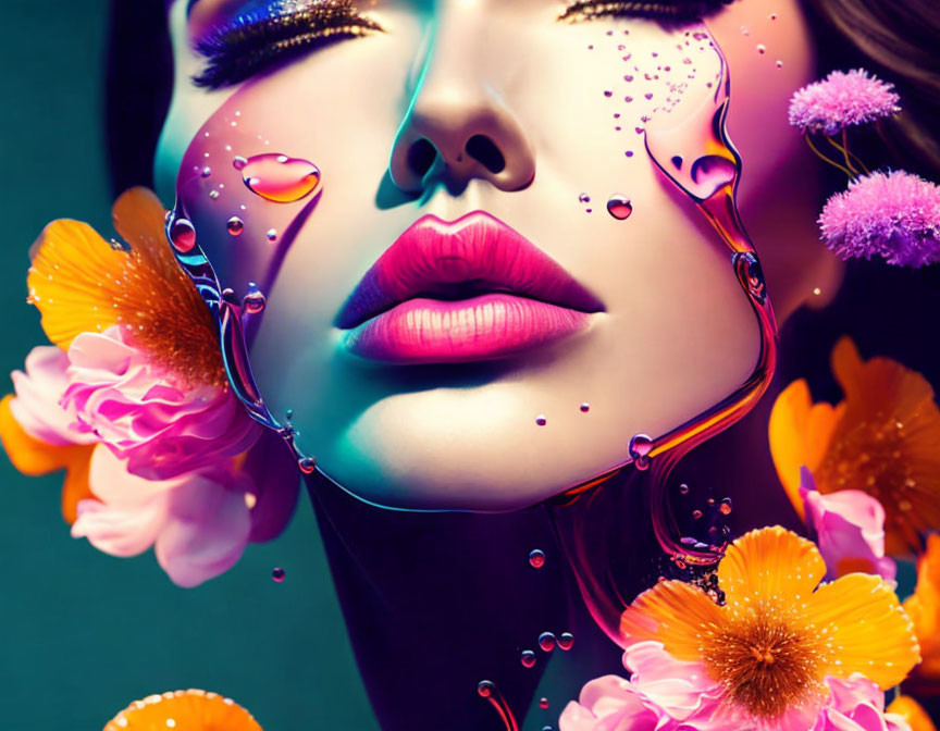 Close-up Portrait of Woman's Face Adorned with Vibrant Flowers and Pink Accents