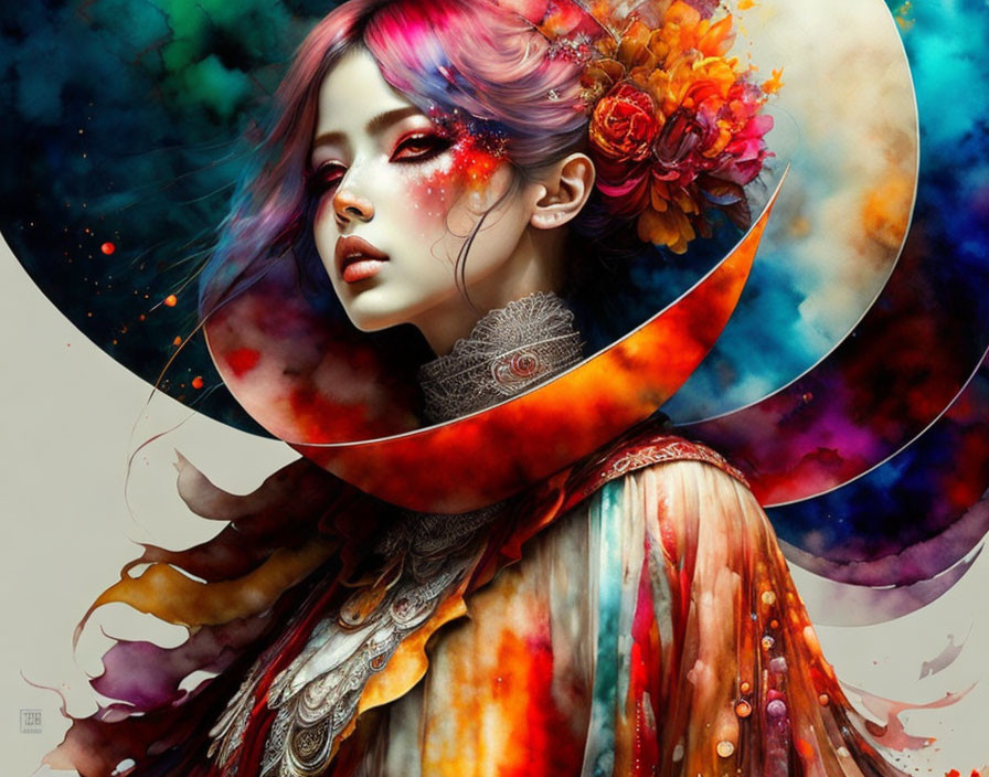 Colorful surreal portrait of a woman with cosmic effects and vibrant flowers.