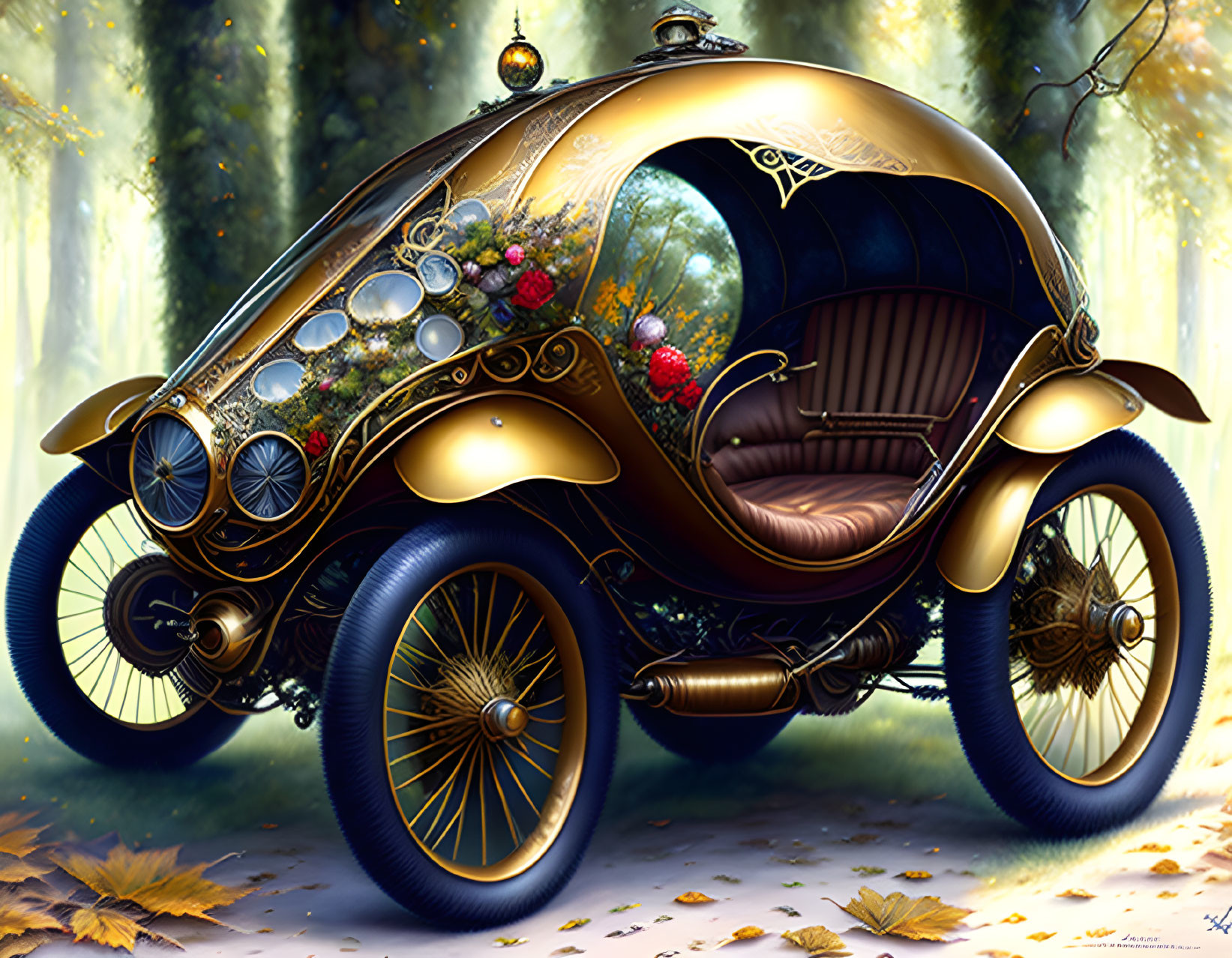 Fantasy-style ornate carriage in mystical forest with golden accents