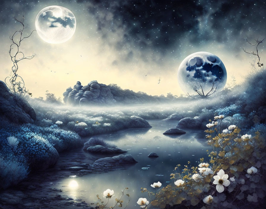 Mystical landscape with two moons, river, flowers, and starry sky