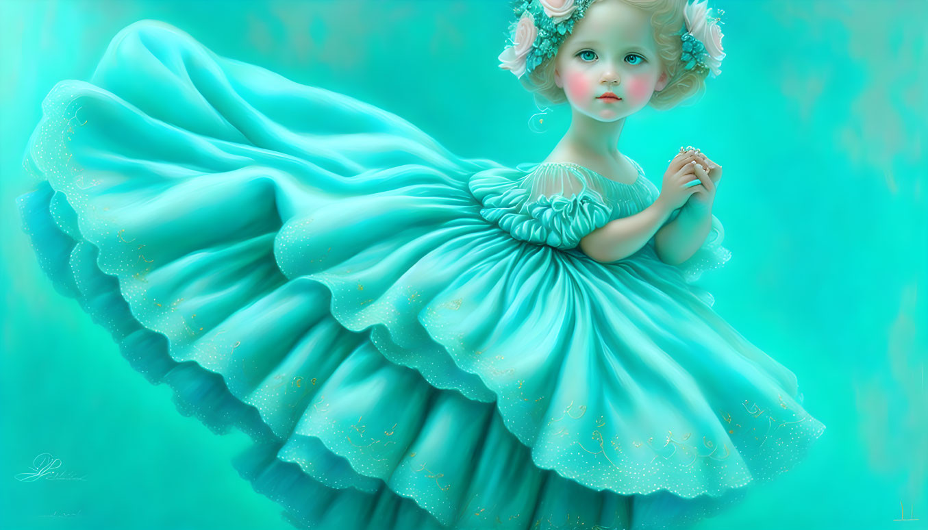 Young girl in turquoise dress with floral accents on monochromatic background