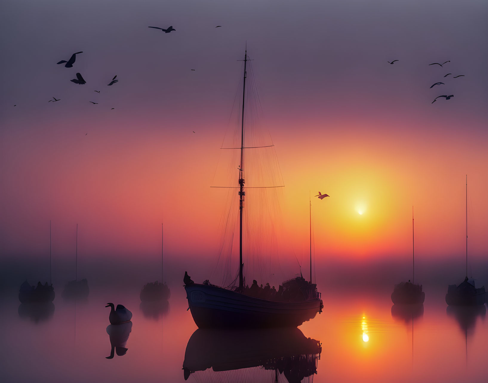 Sunrise Sailboat Silhouette with Birds and Misty Harbor Scenery