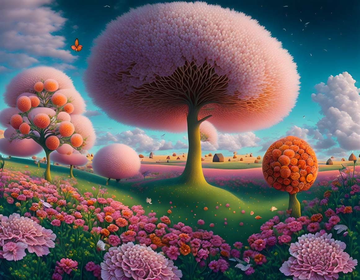 Vibrant pink landscape with oversized trees and fluffy clouds