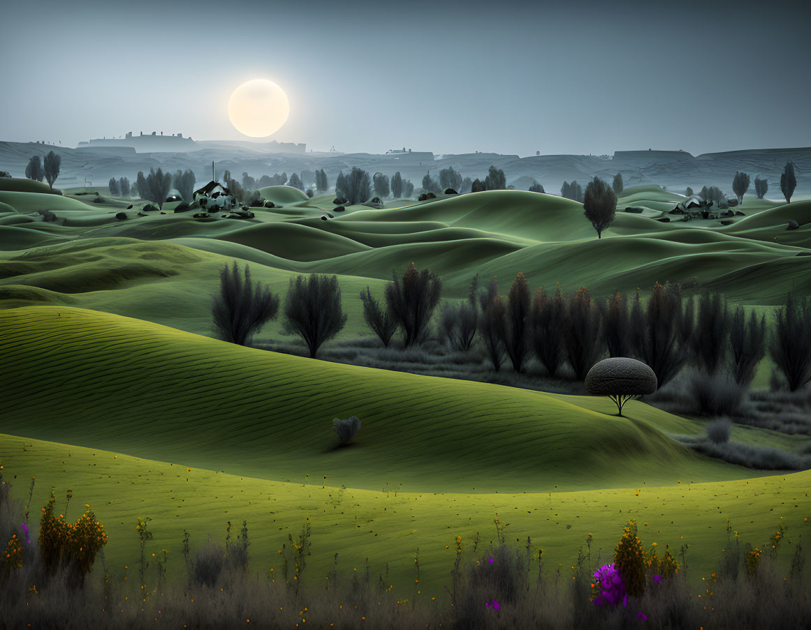 Tranquil landscape of dunes, trees, and buildings at sunrise