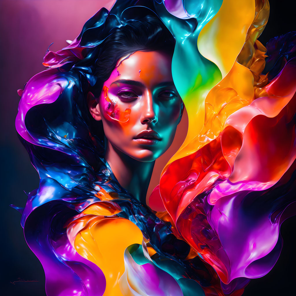 Colorful portrait of woman with liquid-like waves in neon hues on dark background