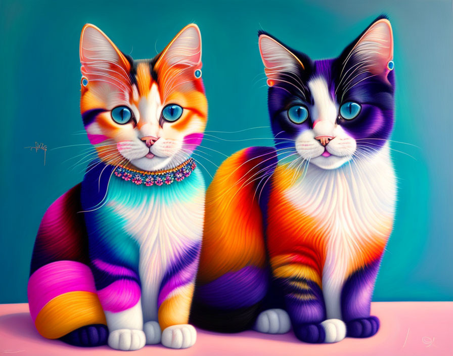 Vibrant Stylized Cats with Large Eyes on Teal Background