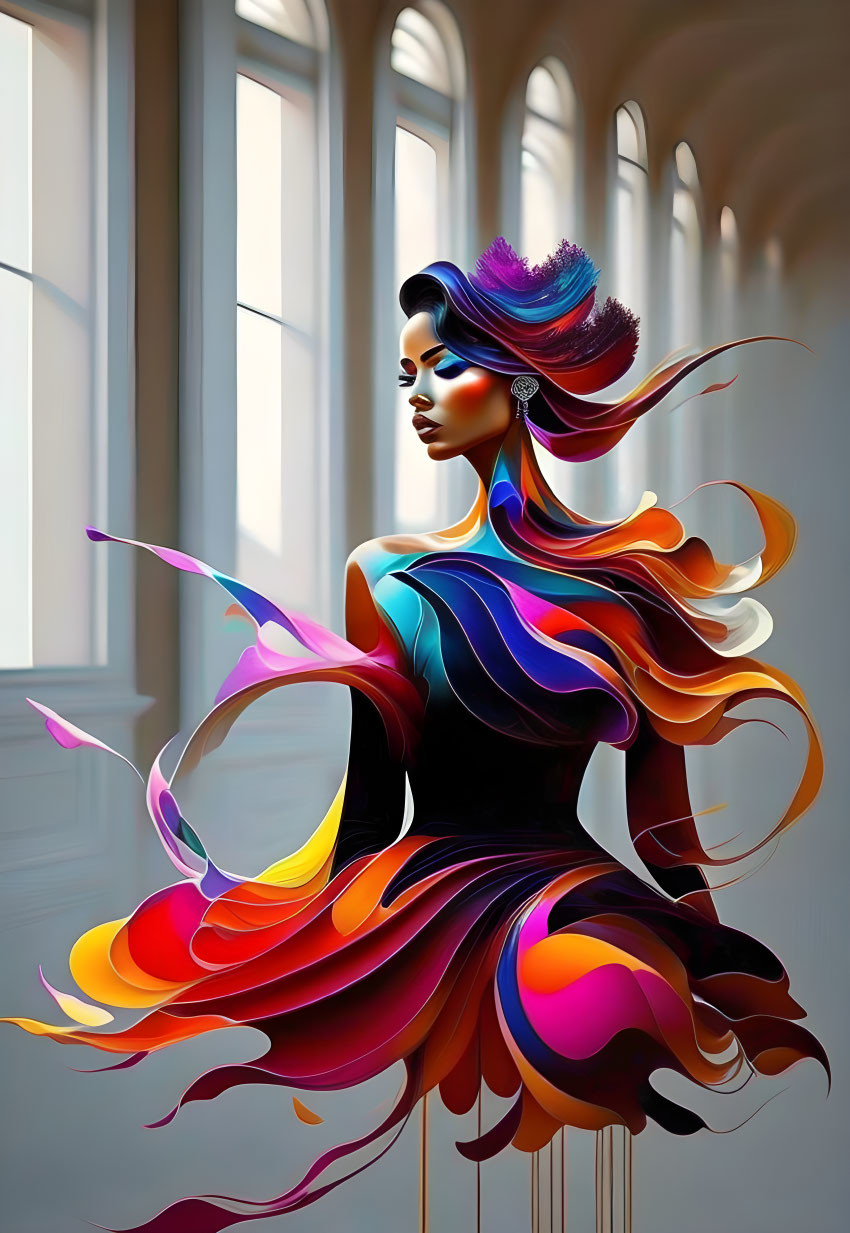 Colorful digital art of woman in flowing dress in arched window corridor