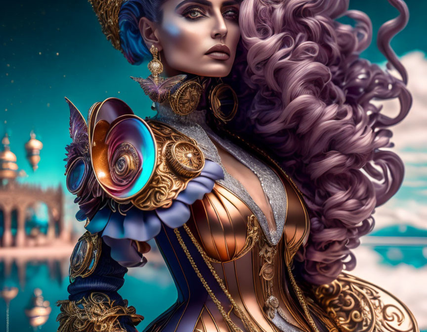 Illustrated female figure in ornate armor with purple hair in fantasy setting