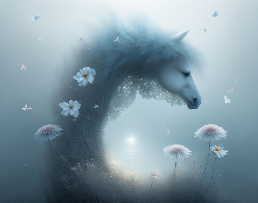 Majestic horse with ethereal mane in misty setting adorned with flowers and butterflies