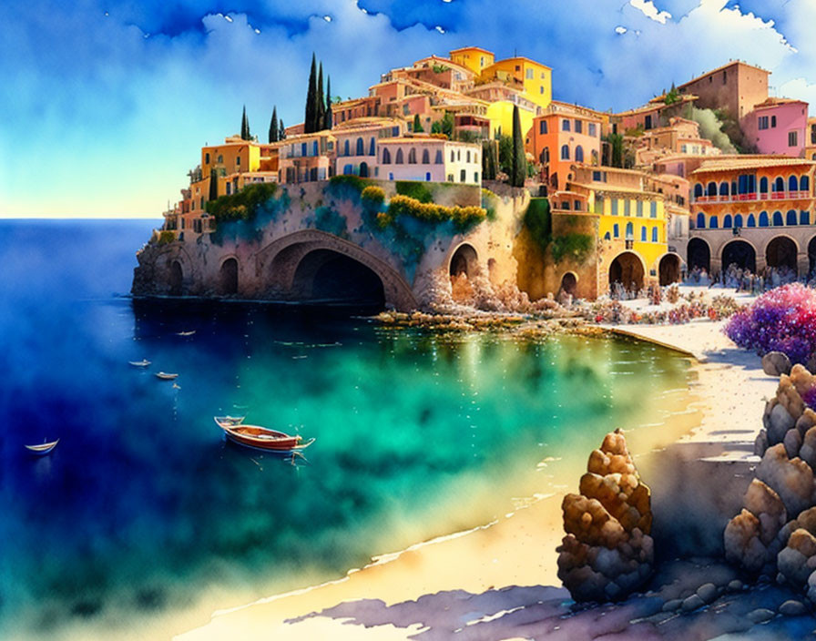 Colorful Watercolor Painting of Coastal Italian Village