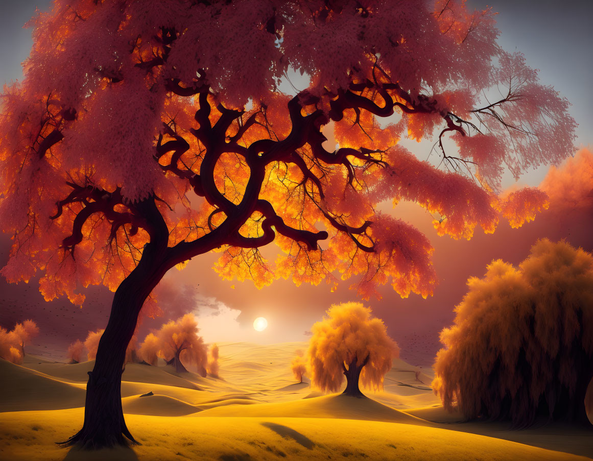 Surreal landscape with vibrant pink foliage, golden dunes, and warm sunset