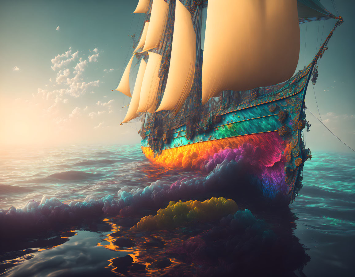 Colorful sunset scene: tall ship sailing on calm ocean with vibrant clouds reflected.