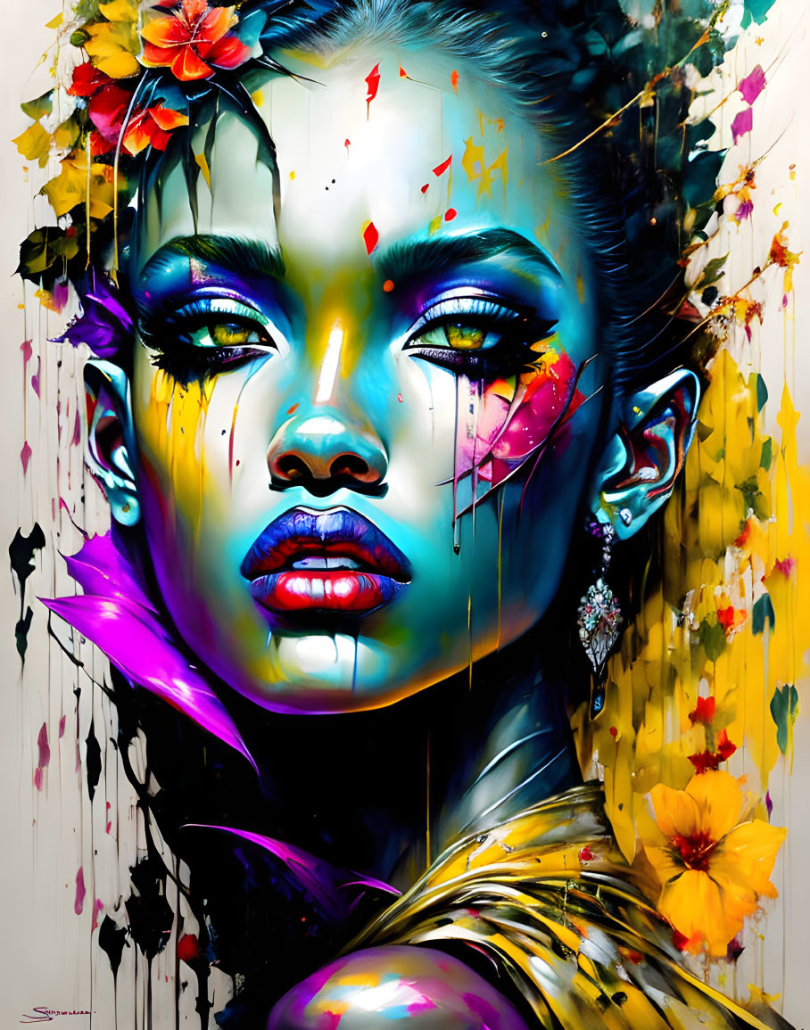 Colorful Woman's Face Artwork with Striking Blue Eyes