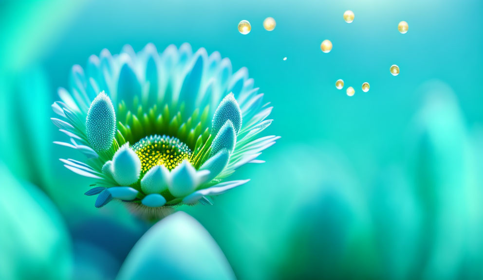 Close-up of vibrant daisy with dew drops on soft turquoise background