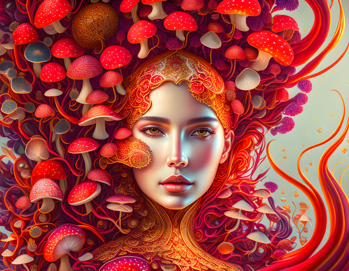 Detailed illustration: Woman with swirling hair and mushrooms on colorful backdrop