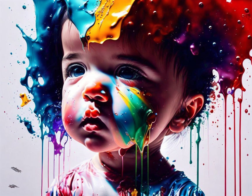 Colorful paint drips on toddler in digital artwork